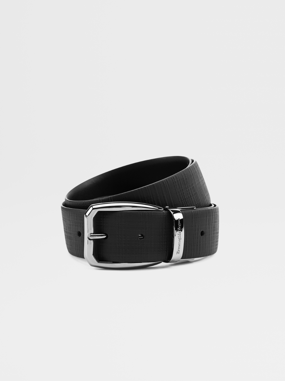 Black Stuoia Embossed Leather and Black Leather Reversible Belt